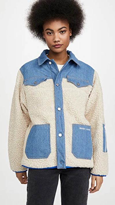 Sandy Liang Dorne Denim Panel Faux Fur Jacket In Creamy/hot Lime