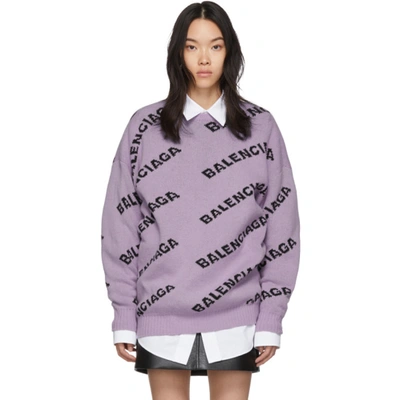Balenciaga Logo Jacquard Stretch Wool Sweater In Lilac & Black