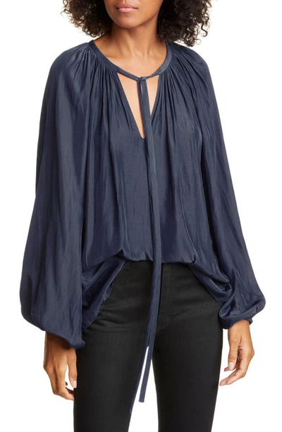 Ramy Brook Jeena Split Neck Satin Blouse In Navy