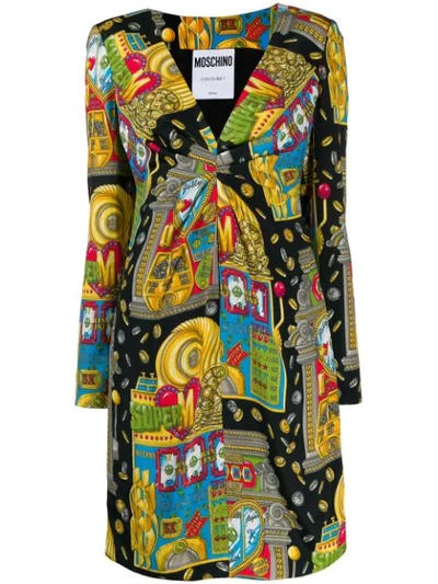 Moschino Gathered V-neck Printed Dress In Yellow,green,red