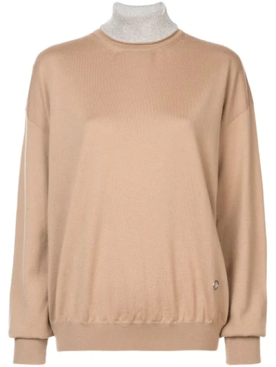 Paco Rabanne Pullover In Camel Color With Silver Lamè Collar In Brown
