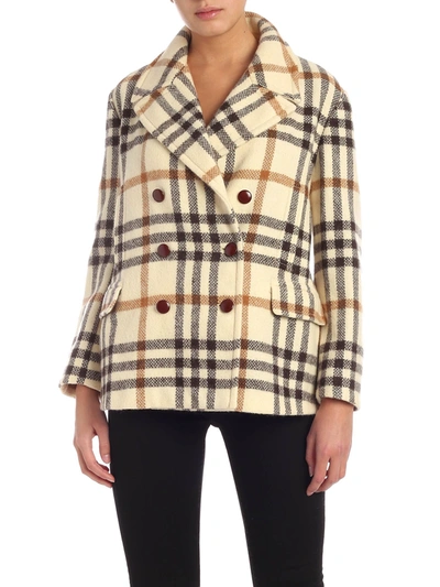 Aspesi Double-breasted Coat Featuring Check Print In Cream