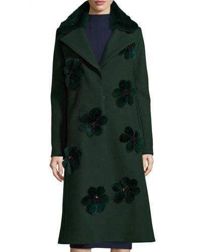 Lela Rose Long Coat With Mink Fur Flowers & Collar, Emerald