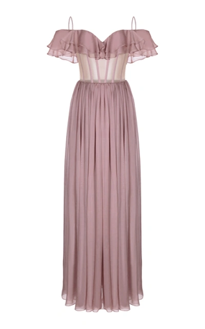 Rasario Ruffled Cold-shoulder Silk-chiffon Bustier Gown In Pink