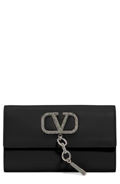 Valentino Garavani Vcase Crystal-logo Clutch Bag In Nero/ Black Diamond