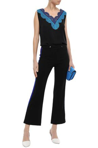 Emilio Pucci Velvet-trimmed Striped Stretch-wool Crepe Kick-flare Pants In Black