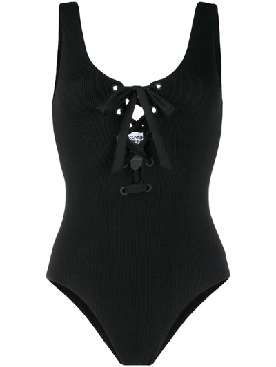 Ganni Lace Up Detail One Piece In Black