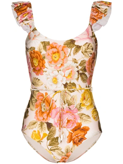 Zimmermann Ruffle-trimmed Floral-print Swimsuit In Cream Floral