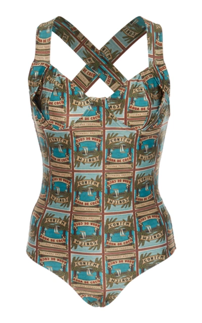 Água De Coco Printed Crossover Strap One-piece Swimsuit