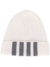 Thom Browne Stripe Detail Ribbed Hat In White