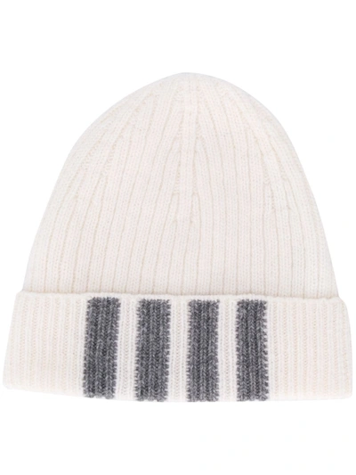 Thom Browne Stripe Detail Ribbed Hat In White