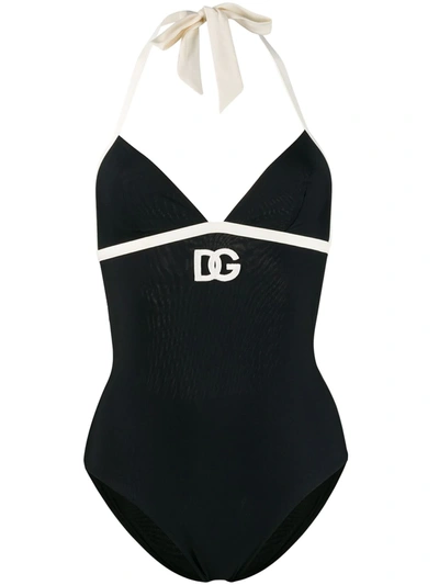 Dolce & Gabbana Embroidered Dg Logo Swimsuit In Black