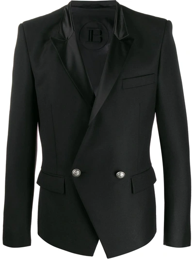 Balmain Satin Lapel Double-breasted Blazer In Black