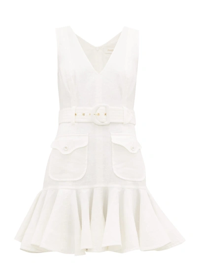 Zimmermann Women's Super 8 Belted Linen Mini Flounce Dress In Ivory