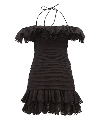 Zimmermann Women's Super 8 Plissé Lace Eyelet Cold-shoulder Silk & Linen Mini Dress In Black
