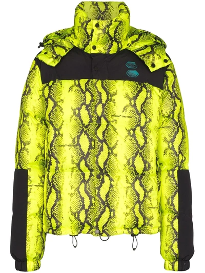 Off-white Neon Yellow Snake Print Puffer Jacket In Green