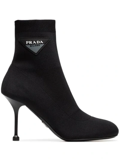 Prada Logo-appliquéd Stretch-knit Sock Boots In Black