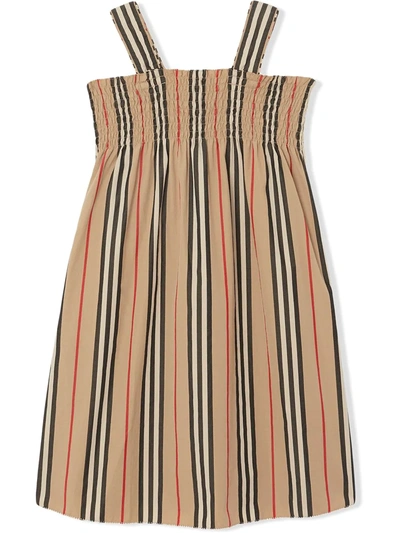 Burberry Kids' Smocked Icon Stripe Cotton Dress In Neutrals