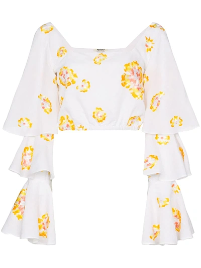 All Things Mochi Bonita Floral-embroidered Ruffled Blouse In White