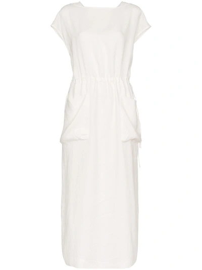 Lvir Drawstring Waist Linen Dress In White