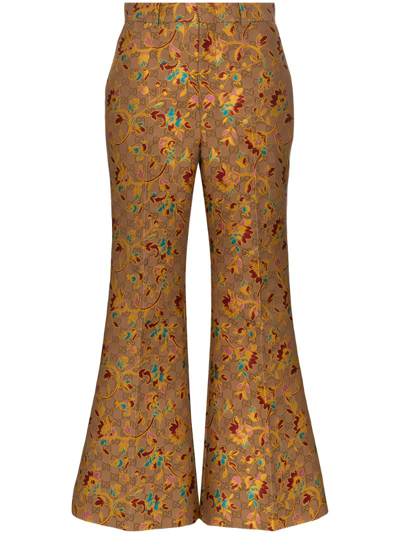 Gucci Gg And Floral-jacquard Flared Trousers In Brown