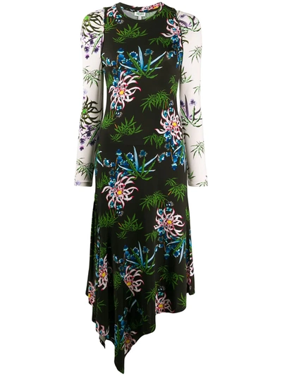 Kenzo Asymmetric Floral-print Stretch-jersey Dress In Black