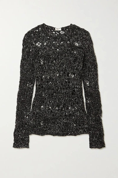 Saint Laurent Sequined Distressed Open-knit Sweater In Black