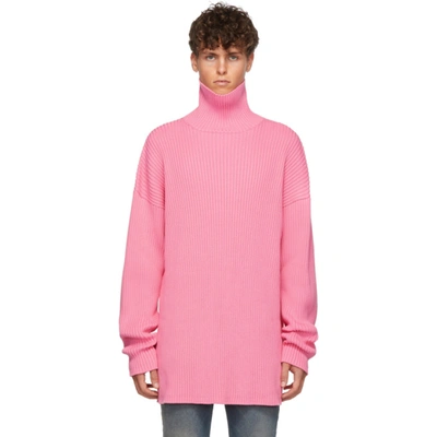 Balenciaga Men's Logo Typographic Rib-knit Turtleneck In Pink