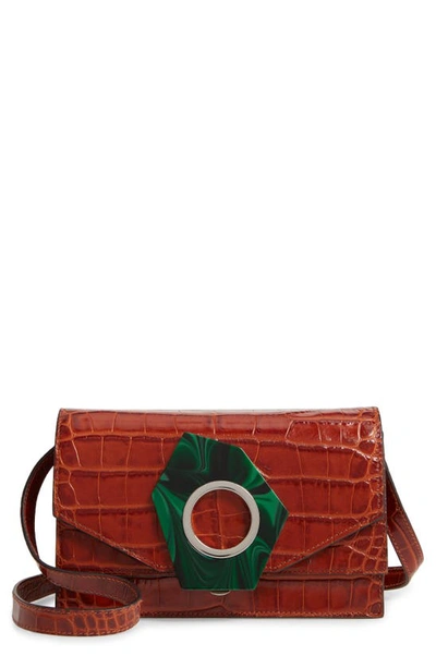 Ganni Embellished Croc-effect Leather Shoulder Bag In Brown