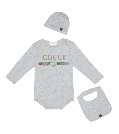 Gucci Cotton Bodysuit, Bib And Hat Set In Grey