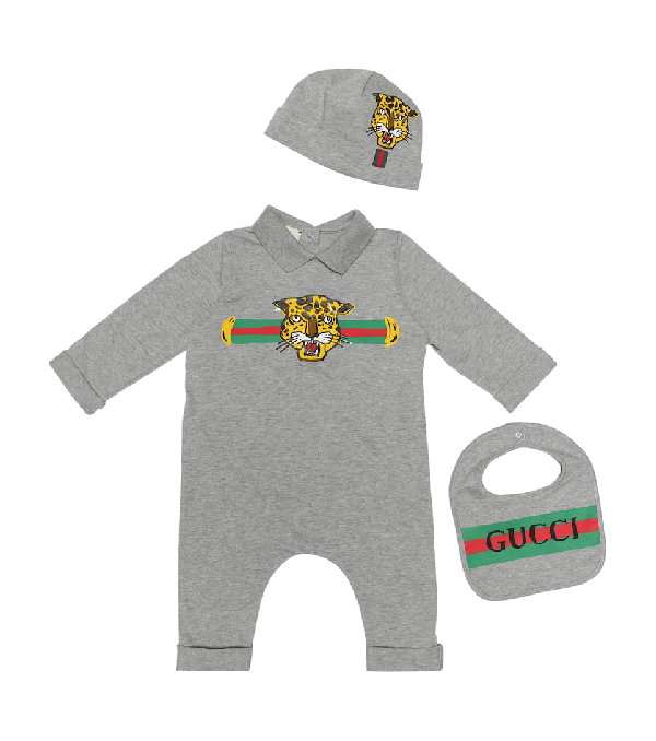 Gucci Babies' Cotton Onesie, Bib And Hat Set In Grey ModeSens