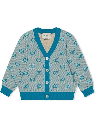 Gucci Baby Gg Wool And Cotton Cardigan In Blue ,grey