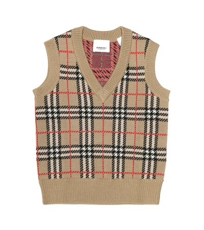 Burberry Kids' Mickenzie Check Wool Sweater Vest In Archive Beige