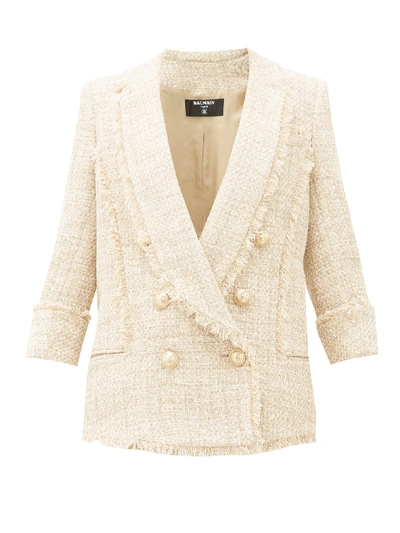 Balmain Double-breasted Cotton-blend Tweed Jacket In Beige