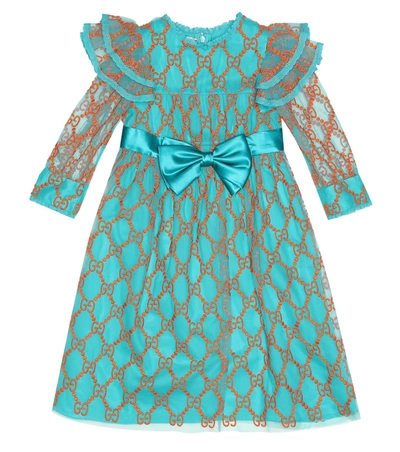 Gucci Kids' Gg Embroidered Tulle Dress In Blue