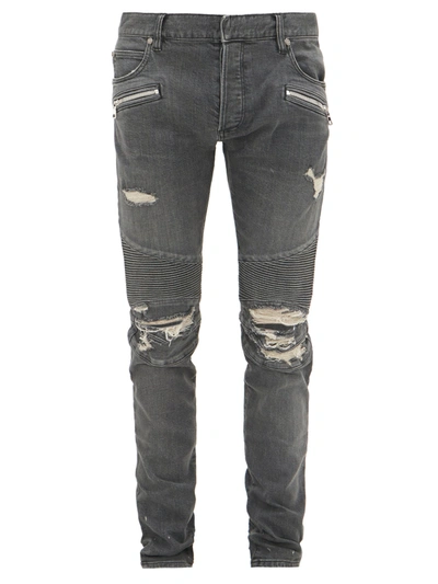 Balmain Distressed Slim-leg Biker Jeans In Grey