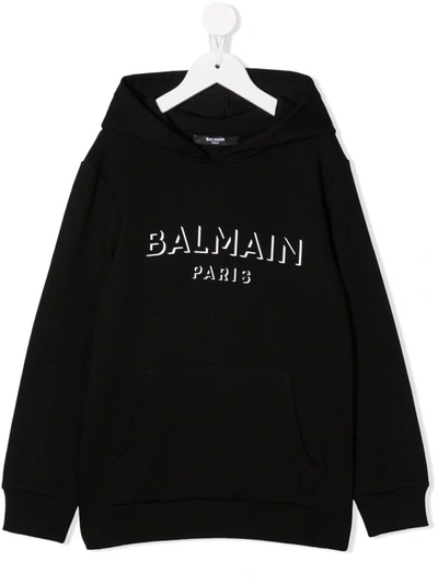 Balmain Kids' Logo棉质针织帽衫 In Black
