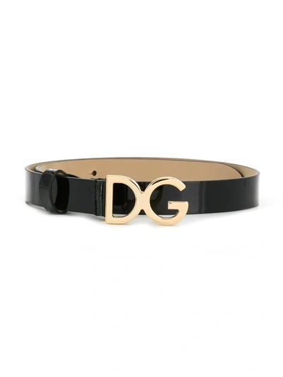 Dolce & Gabbana Kids' Patent Leather Belt With Dg Buckle In Black