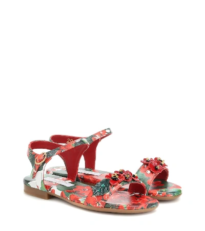 Dolce & Gabbana Kids' Floral Leather Sandals In Multicoloured