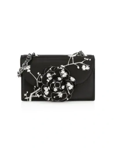 Oscar De La Renta Tro Flower Embroidered Satin Crossbody Bag In Black