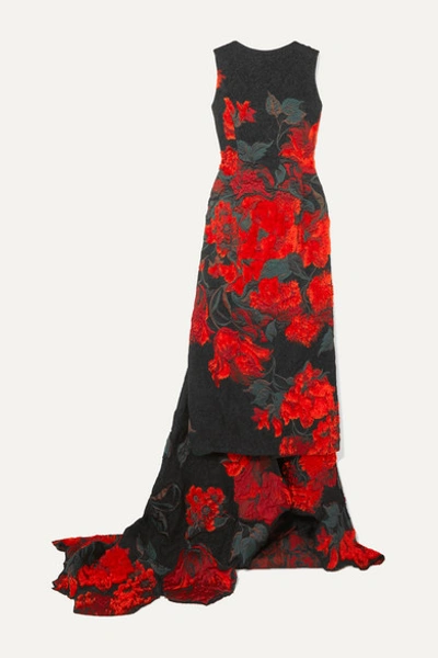 Oscar De La Renta Floral Embroidered Gown With Train In Red
