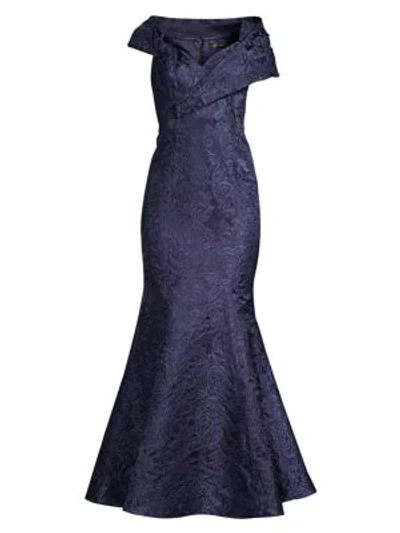 Aidan Mattox Portrait Collar Jacquard Trumpet Gown In Navy