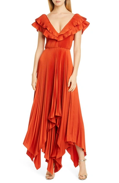 Flor Et.al Tampico V-neck Pleated Crepe Gown W/ Asymmetrical Hem In Orange