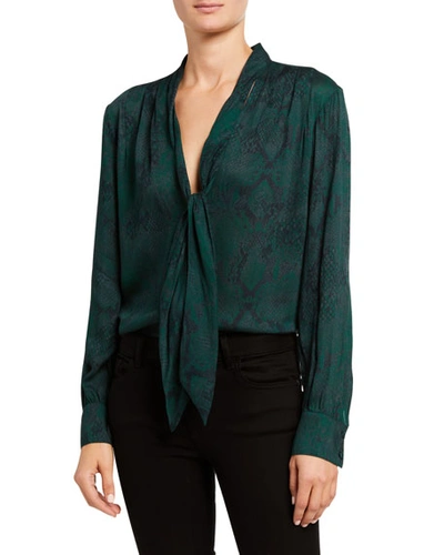7 For All Mankind Snake-print Long-sleeve Blouse W/ Neck Tie In Dark Green Python