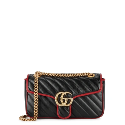 Gucci Gg Marmont Small Black Leather Shoulder Bag In Black Red