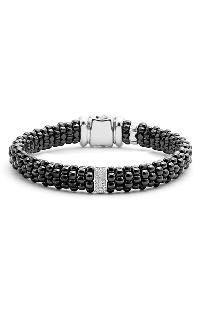 Lagos Black Caviar Ceramic Bracelet With Sterling Silver And 1 Diamond Bar In White/black