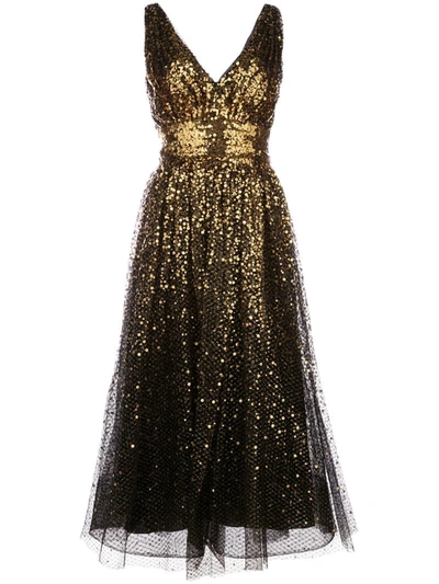 Marchesa Notte Sequin Embroidered Flared Dress In Gold