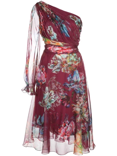 Marchesa Notte Floral Print One Shouldered Dress In Red