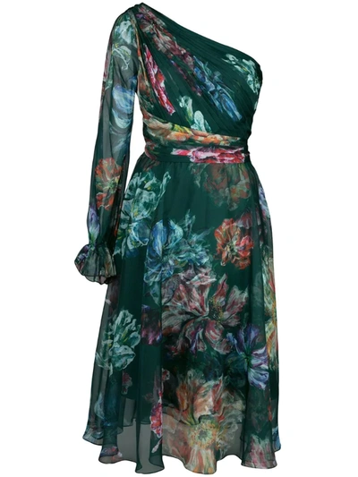 Marchesa Notte One-shoulder Pleated Floral-print Chiffon Dress In Green