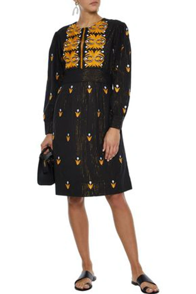 Antik Batik Mexi Embroidered Metallic Striped Cotton Dress In Black